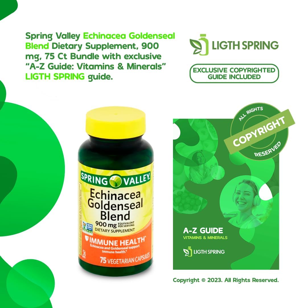 LightSpring Echinacea Goldenseal Blend Dietary Supplement 900mg 75 Ct Bundle with Exclusive A to Z Vitamins & Minerals - Complete Light&Spring Guide (3 Items)