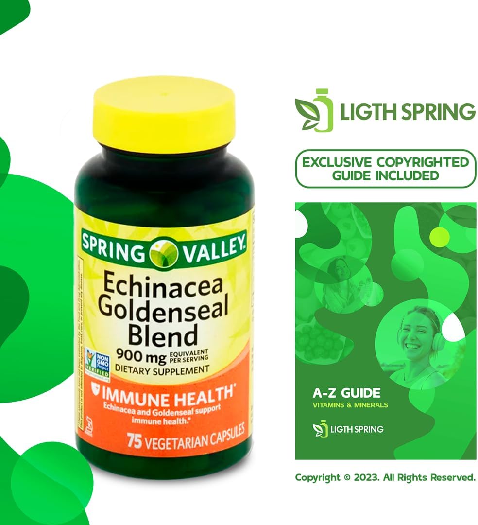 LightSpring Echinacea Goldenseal Blend Dietary Supplement 900mg 75 Ct Bundle with Exclusive A to Z Vitamins & Minerals - Complete Light&Spring Guide (3 Items)