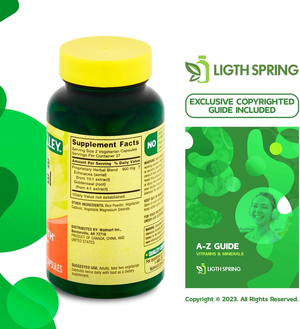 LightSpring Echinacea Goldenseal Blend Dietary Supplement 900mg 75 Ct Bundle with Exclusive A to Z Vitamins & Minerals - Complete Light&Spring Guide (3 Items)