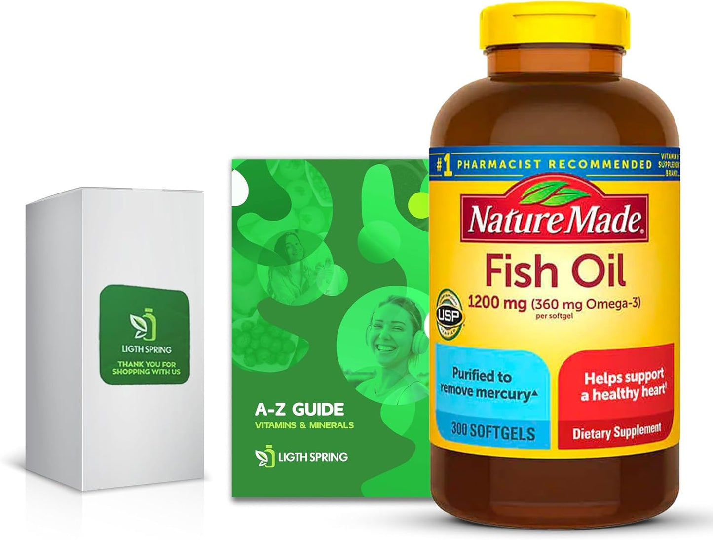 LightSpring Nature Fish Oil Softgels - 1200 mg Omega 3 Supplements for Heart Health, 300 Softgels, 150 Day Supply with A to Z Guide