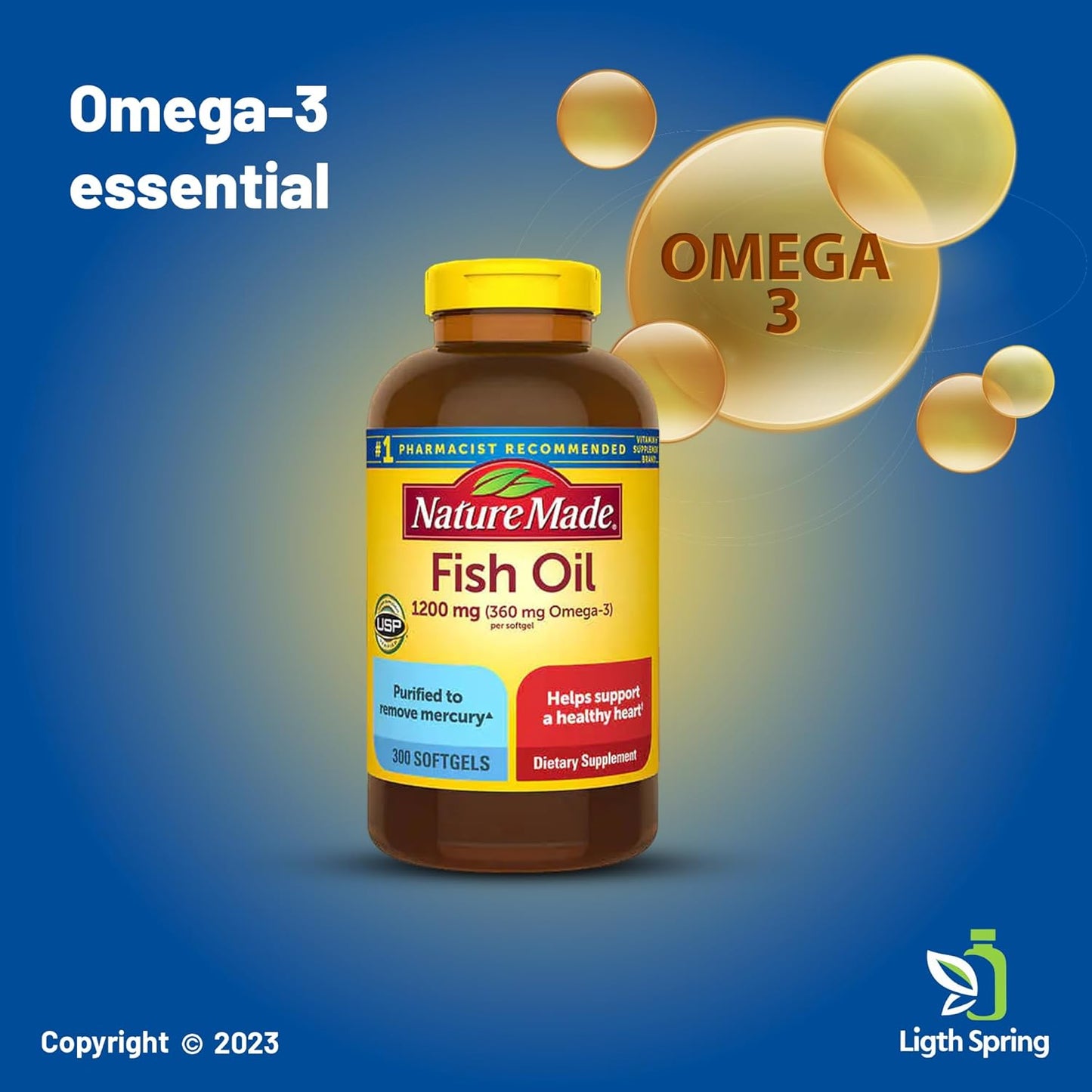 LightSpring Nature Fish Oil Softgels - 1200 mg Omega 3 Supplements for Heart Health, 300 Softgels, 150 Day Supply with A to Z Guide