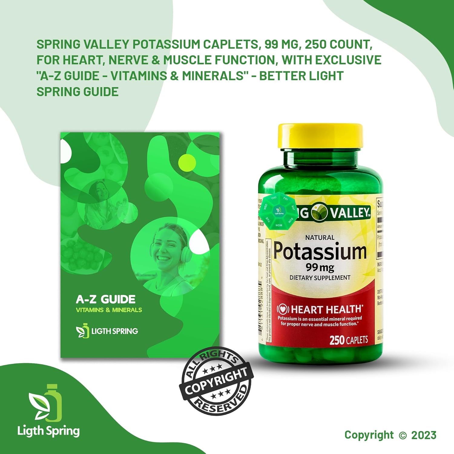 LightSpring Potassium 99 mg, 250 Caplets Bundle with A to Z Vitamins & Minerals + Pill Organizer