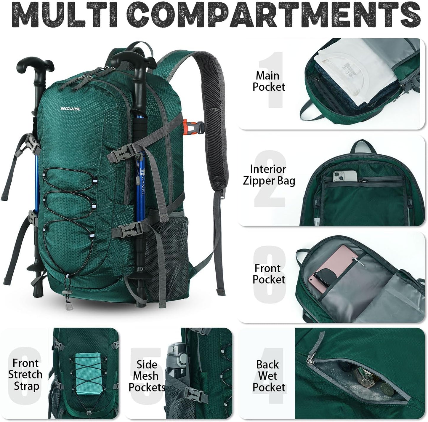 Lightweight 40L Hiking Backpack for Women and Men - Green Daypack for Travel
