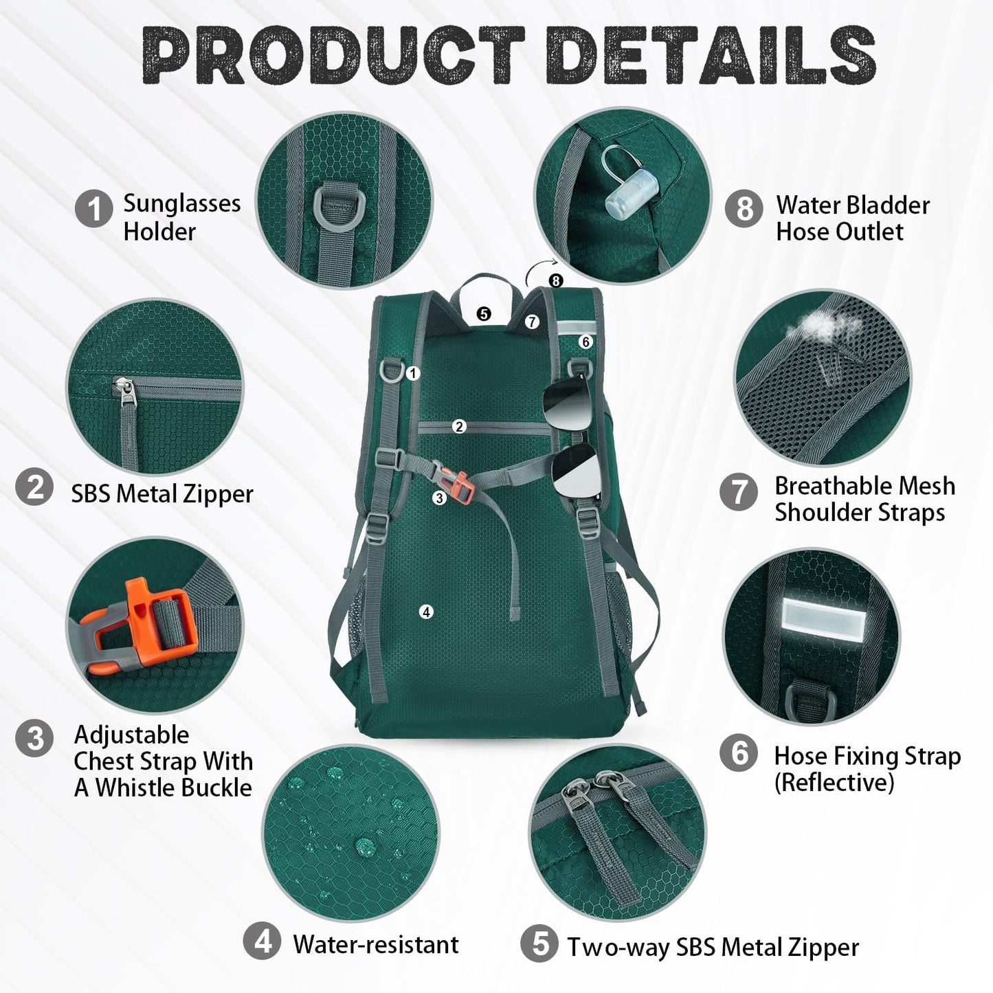 Lightweight 40L Hiking Backpack for Women and Men - Green Daypack for Travel