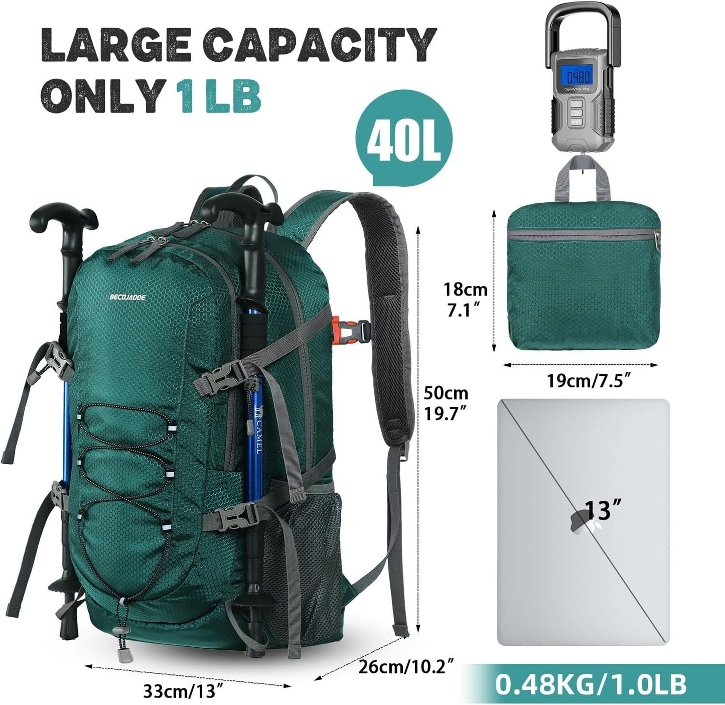 Lightweight 40L Hiking Backpack for Women and Men - Green Daypack for Travel