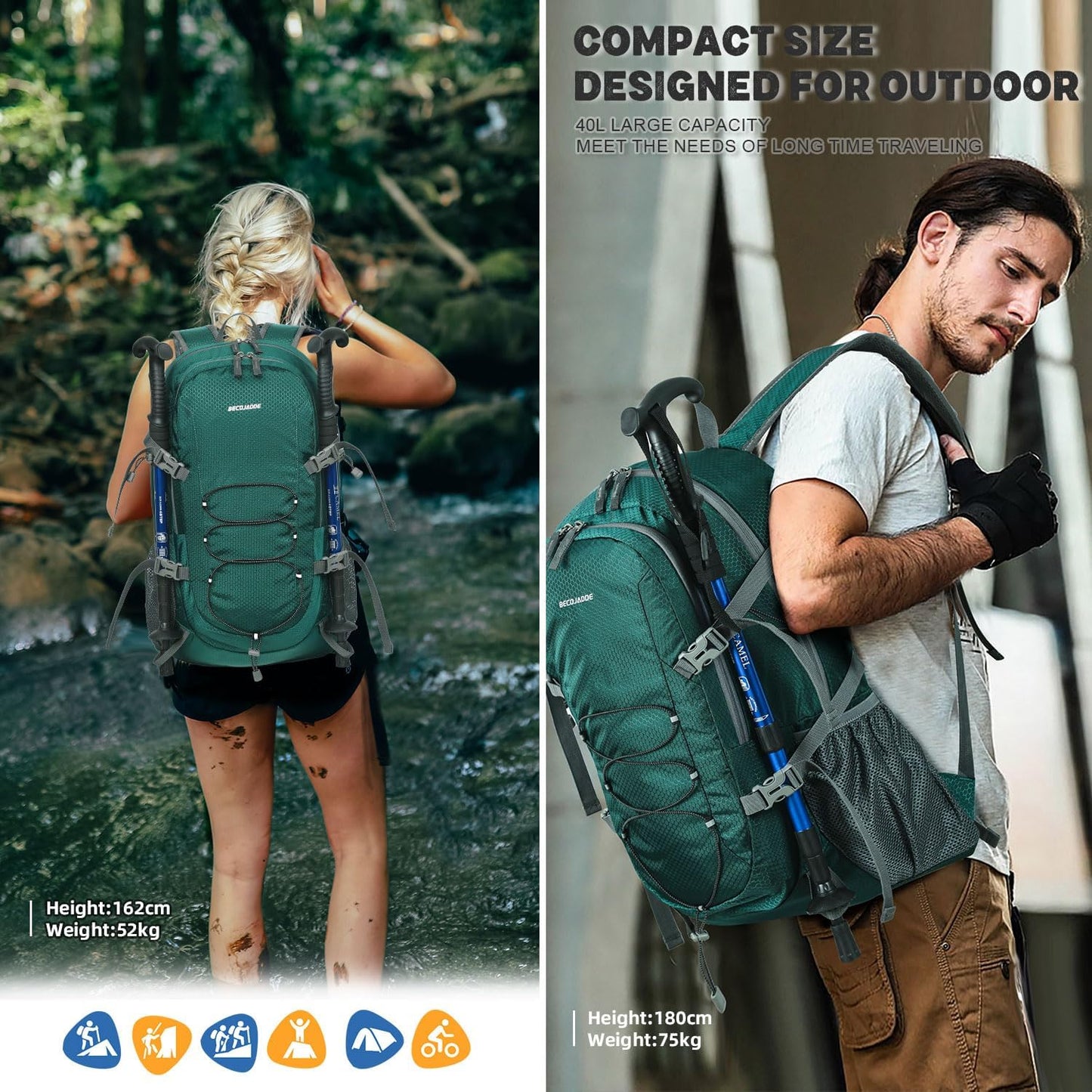Lightweight 40L Hiking Backpack for Women and Men - Green Daypack for Travel