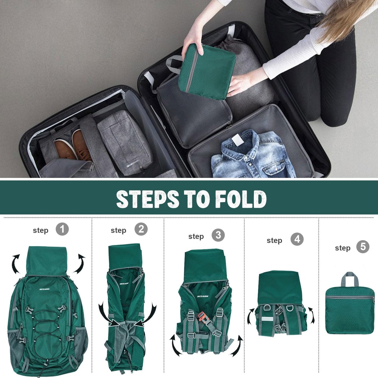 Lightweight 40L Hiking Backpack for Women and Men - Green Daypack for Travel