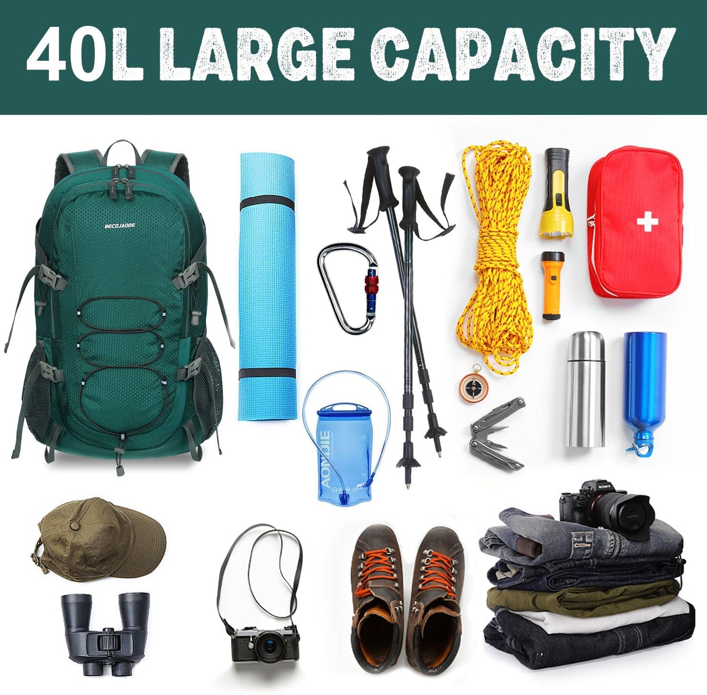 Lightweight 40L Hiking Backpack for Women and Men - Green Daypack for Travel