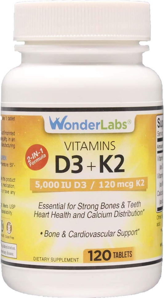 LIJA Vitamin D3 + K2 5,000 IU Tablets - Immune, Bone, Heart, Calcium Support - 120 ct.