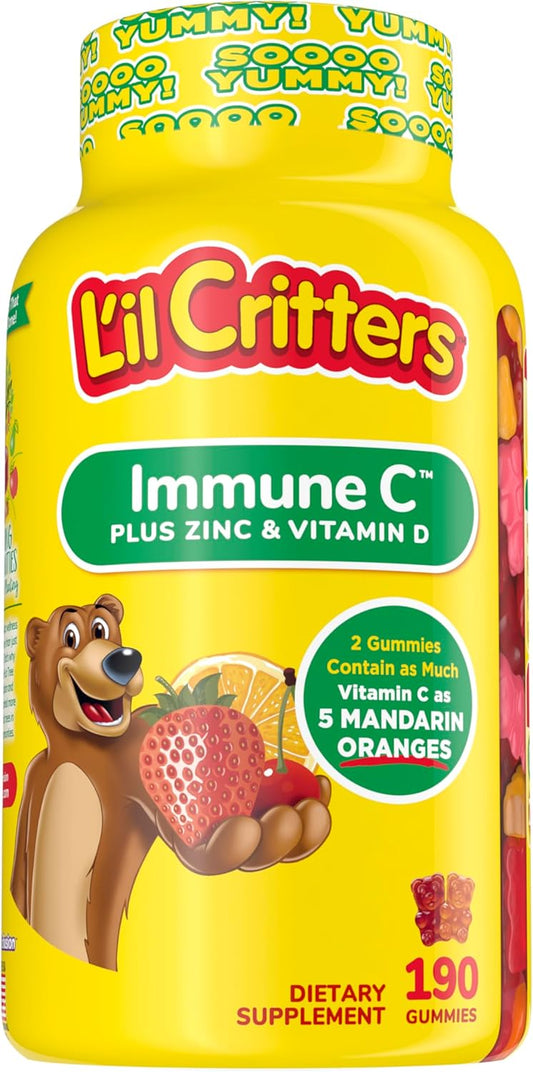 Lil Critters Kids Immune C Gummy Supplement with Vitamin C, Zinc, and Vitamin D3 - 190 ct - 4 Delicious Flavors - Immune Support