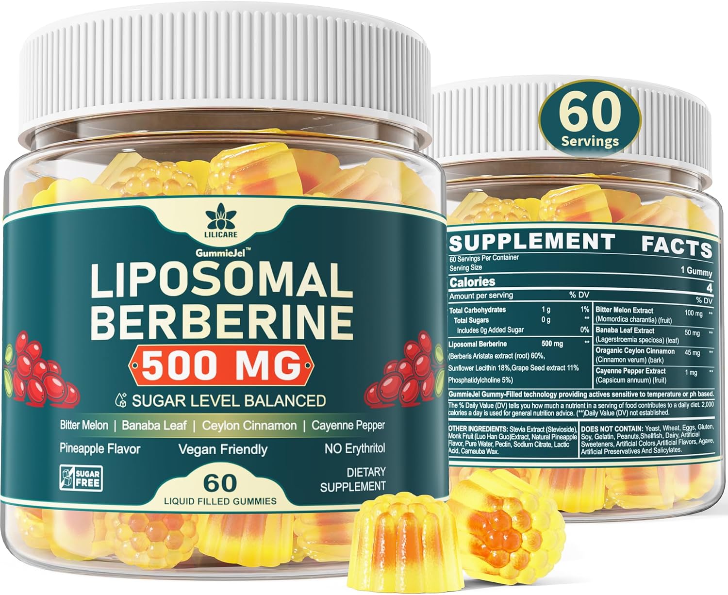 LILICARE Berberine Liposomal Gummies 500mg with Ceylon Cinnamon for Balanced Metabolism - Vegan, Sugar Free, High Absorption - 60 Count