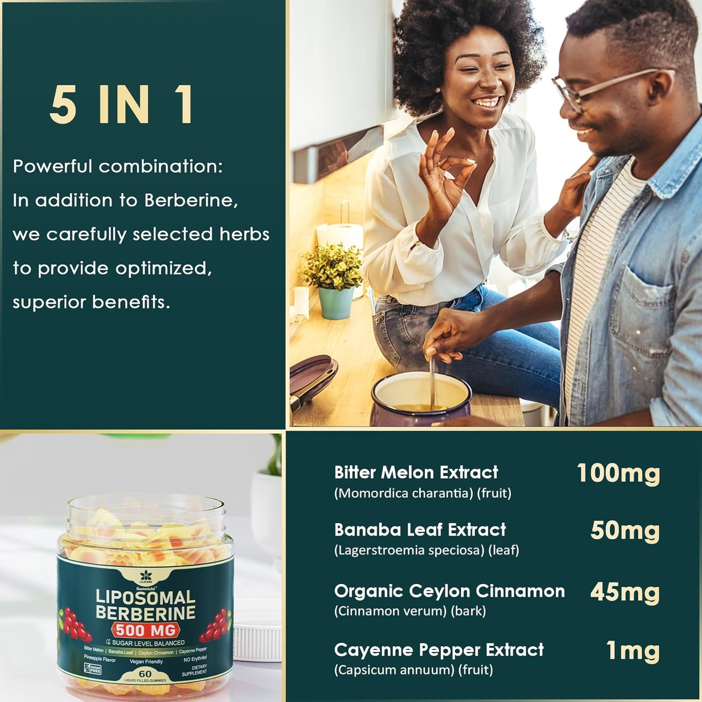 LILICARE Berberine Liposomal Gummies 500mg with Ceylon Cinnamon for Balanced Metabolism - Vegan, Sugar Free, High Absorption - 60 Count