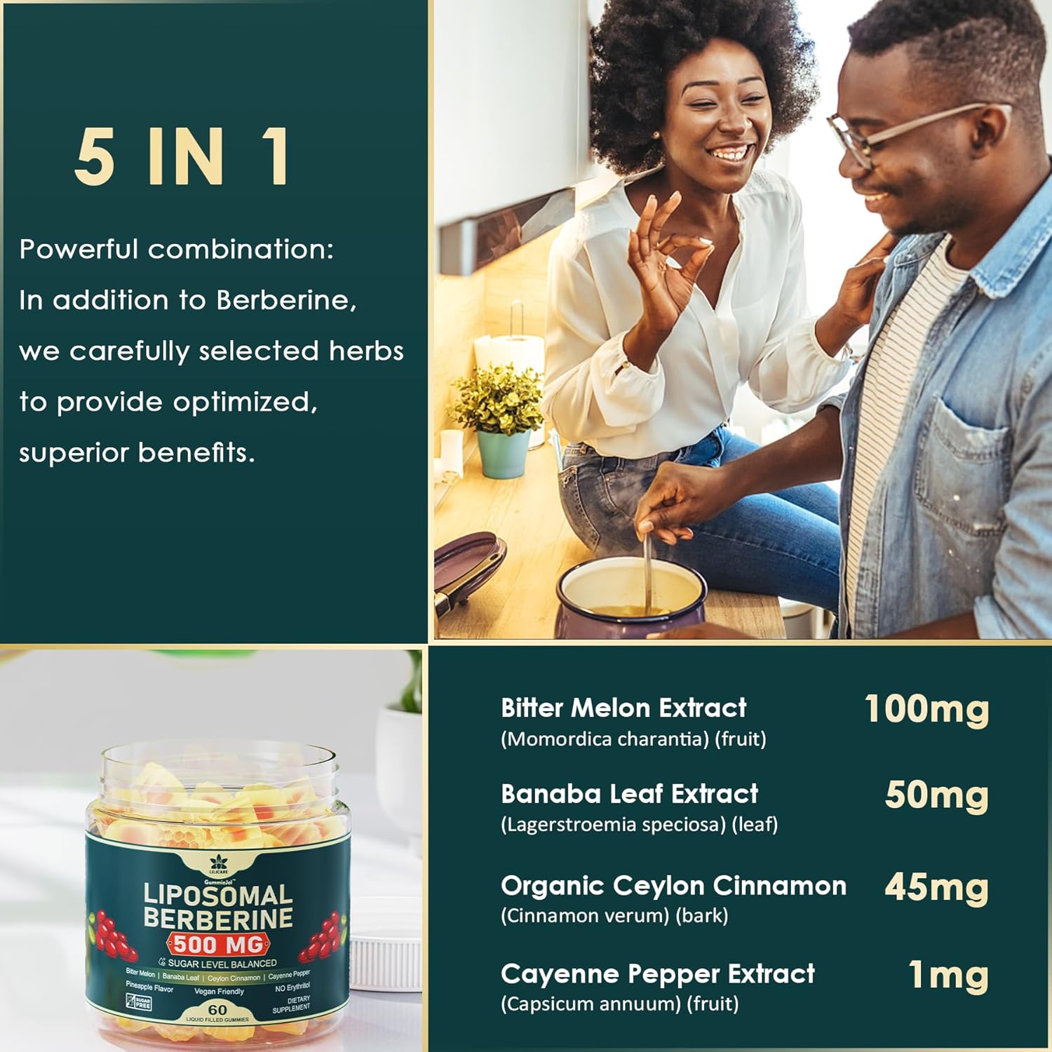 LILICARE Berberine Liposomal Gummies 500mg with Ceylon Cinnamon for Balanced Metabolism - Vegan, Sugar Free, High Absorption - 60 Count