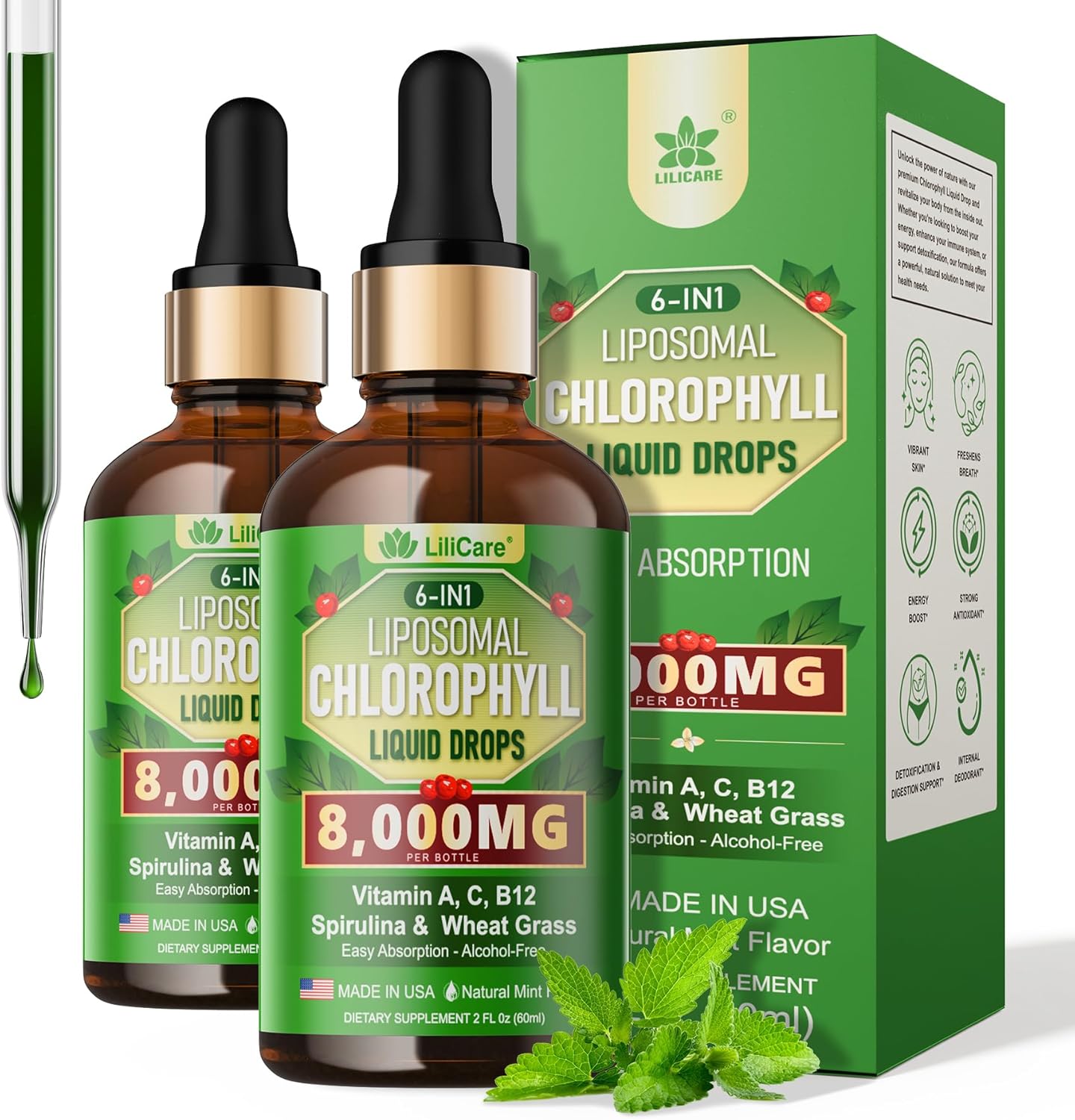 LILICARE Liposomal Chlorophyll Spirulina Drops with Wheatgrass, Vitamin C, B12, A - Internal Deodorant, Energy, Skin Health, Digestion - 2 Packs/4 Fl Oz