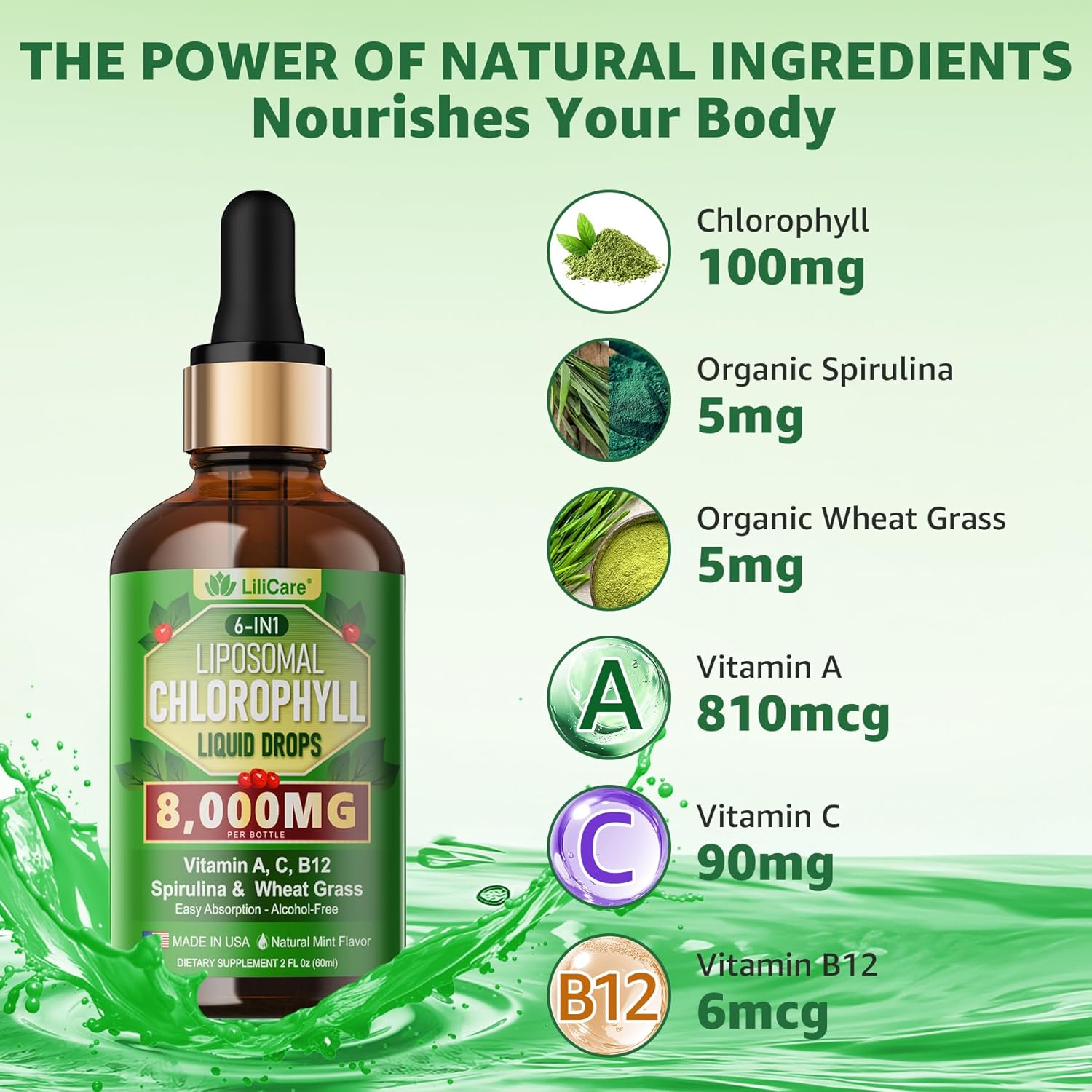 LILICARE Liposomal Chlorophyll Spirulina Drops with Wheatgrass, Vitamin C, B12, A - Internal Deodorant, Energy, Skin Health, Digestion - 2 Packs/4 Fl Oz