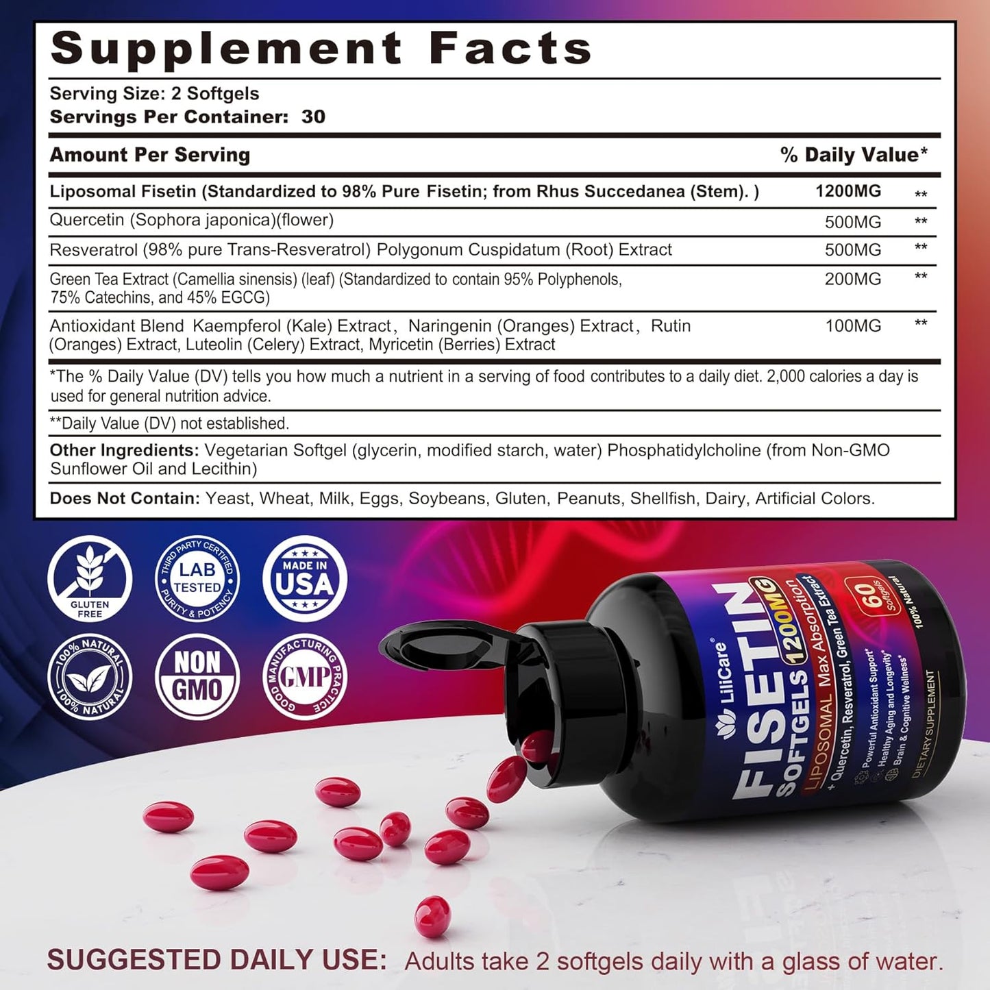 LILICARE Liposomal Fisetin Supplement with Quercetin, Resveratrol, Green Tea Extract - 1200mg for Healthy Aging & Longevity, Skin Health, Brain & Antioxidant Support - 60 Softgels