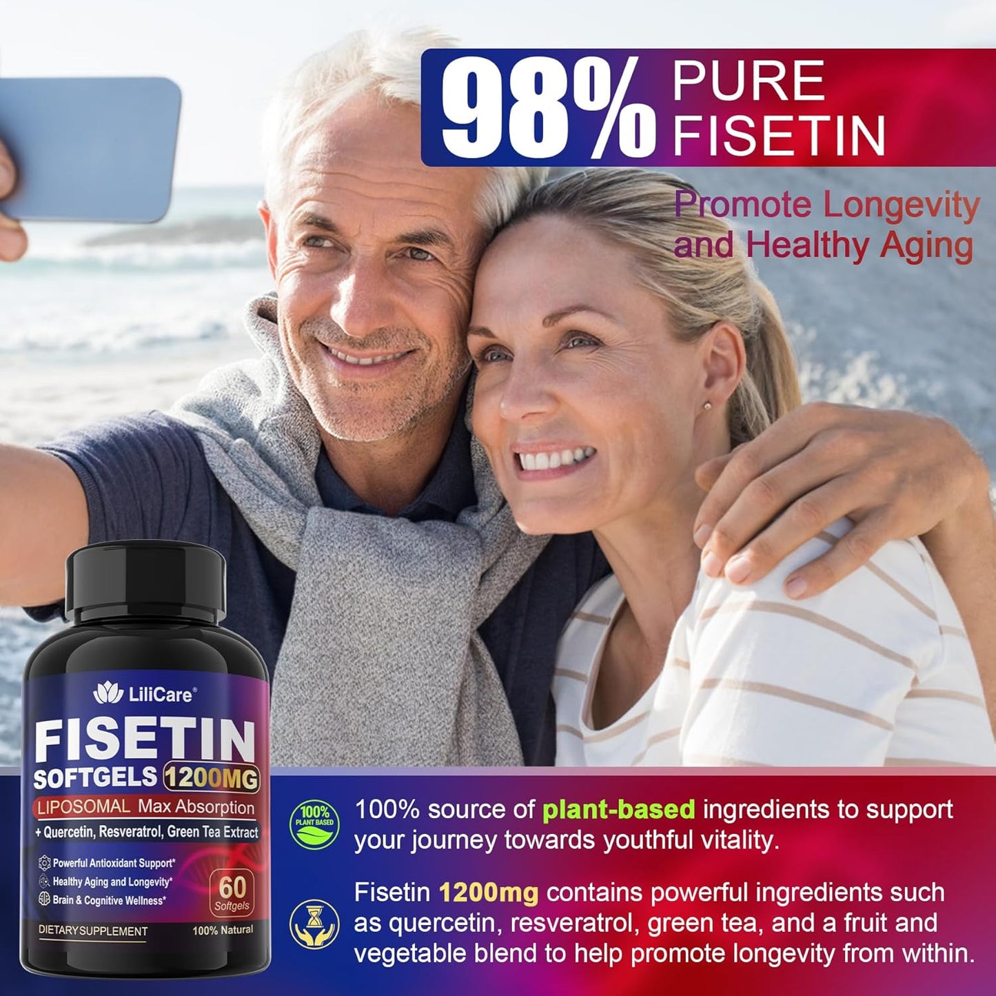 LILICARE Liposomal Fisetin Supplement with Quercetin, Resveratrol, Green Tea Extract - 1200mg for Healthy Aging & Longevity, Skin Health, Brain & Antioxidant Support - 60 Softgels