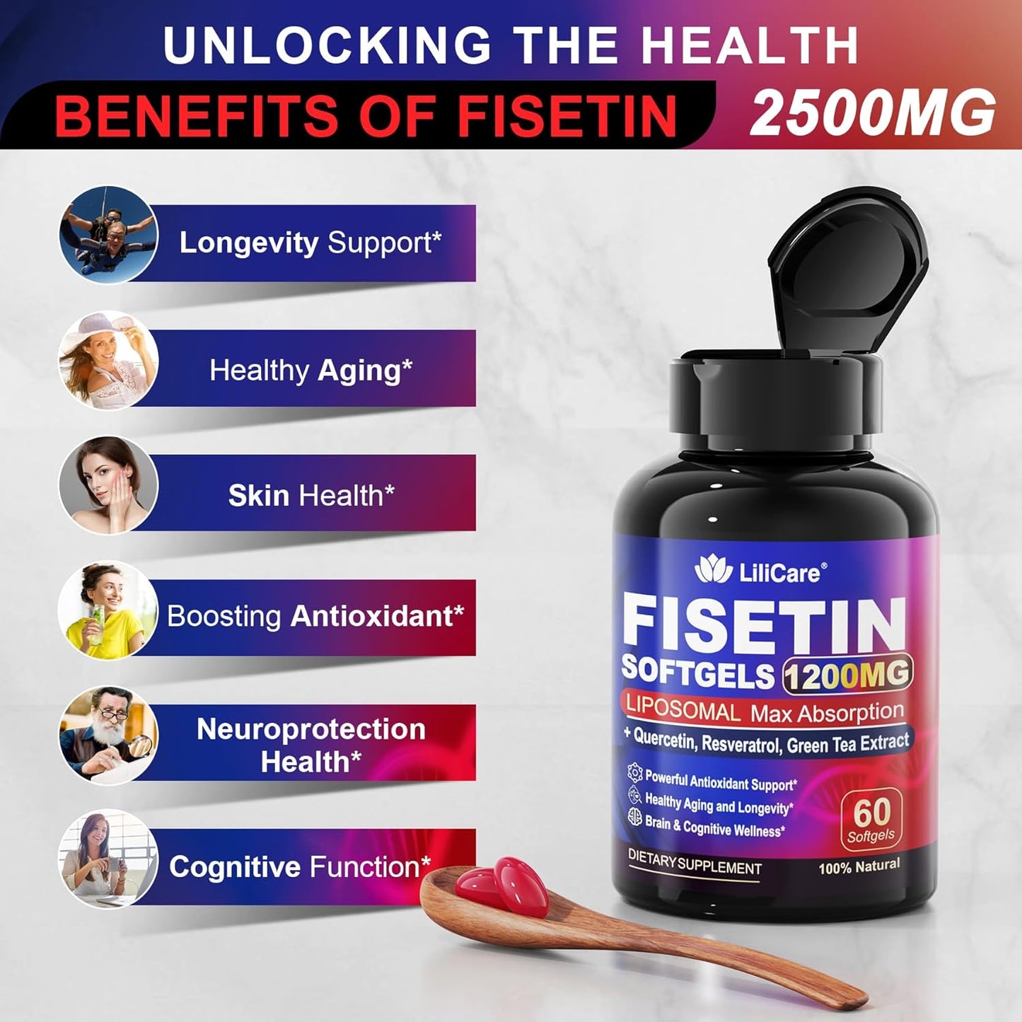 LILICARE Liposomal Fisetin Supplement with Quercetin, Resveratrol, Green Tea Extract - 1200mg for Healthy Aging & Longevity, Skin Health, Brain & Antioxidant Support - 60 Softgels