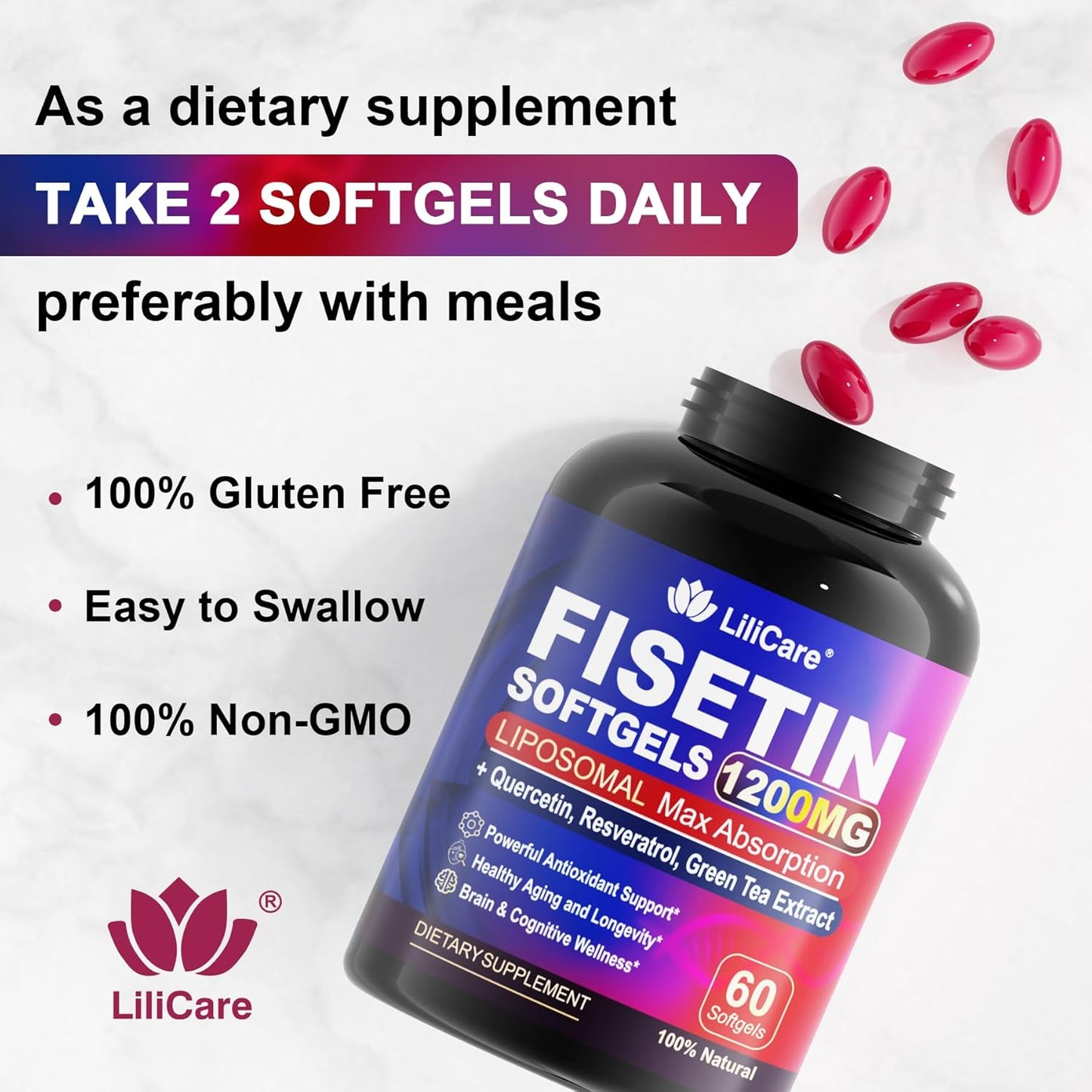 LILICARE Liposomal Fisetin Supplement with Quercetin, Resveratrol, Green Tea Extract - 1200mg for Healthy Aging & Longevity, Skin Health, Brain & Antioxidant Support - 60 Softgels