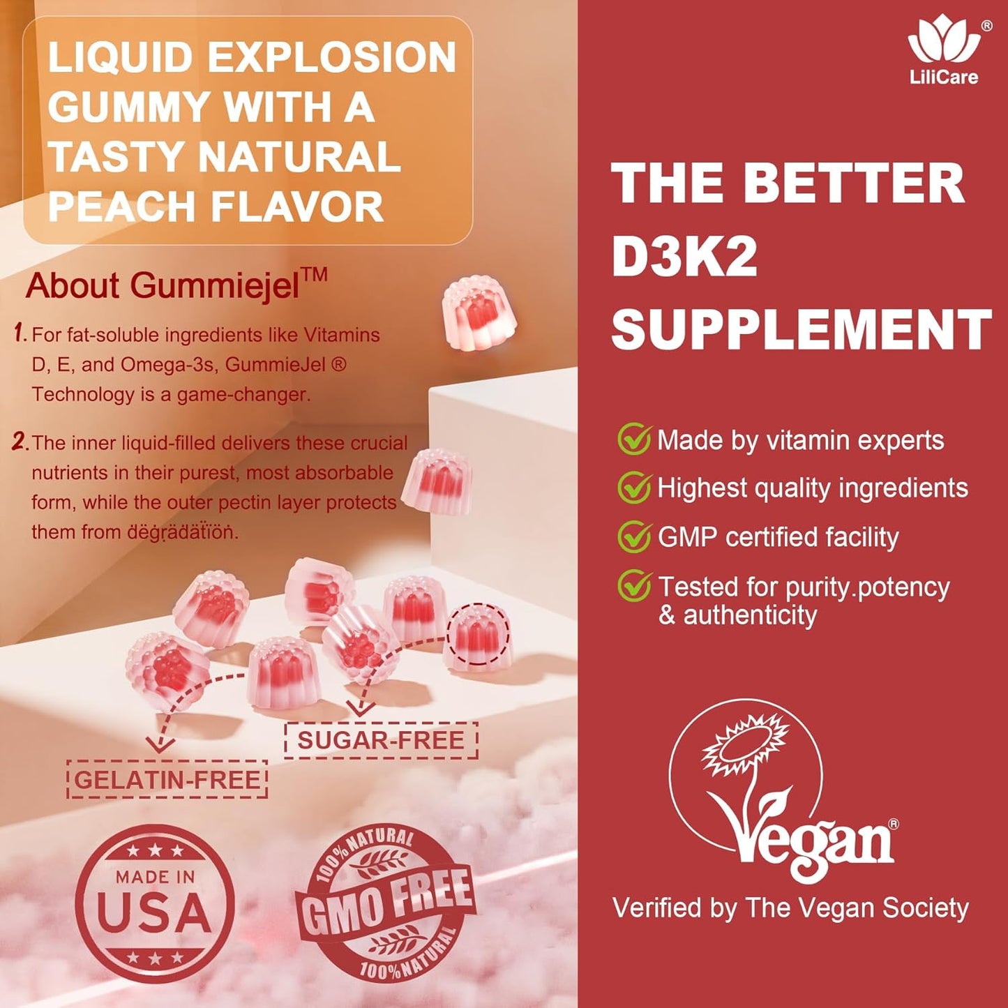 LILICARE Sugar-Free Vitamin D3 K2 Gummies with Calcium, Magnesium, and Vitamin C - Ultimate Bone, Muscle, and Teeth Support - 2 Pack