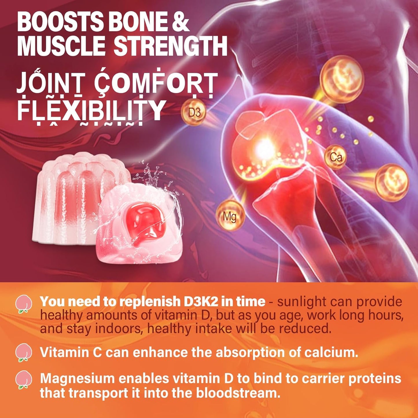 LILICARE Sugar-Free Vitamin D3 K2 Gummies with Calcium, Magnesium, and Vitamin C - Ultimate Bone, Muscle, and Teeth Support - 2 Pack