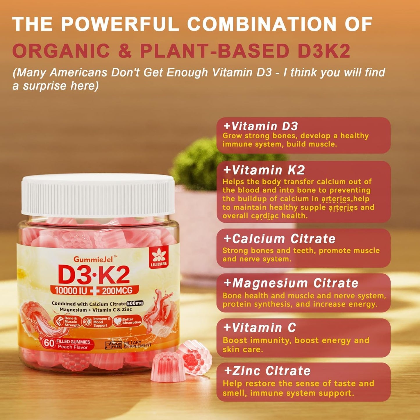 LILICARE Sugar-Free Vitamin D3 K2 Gummies with Calcium, Magnesium, and Vitamin C - Ultimate Bone, Muscle, and Teeth Support - 2 Pack