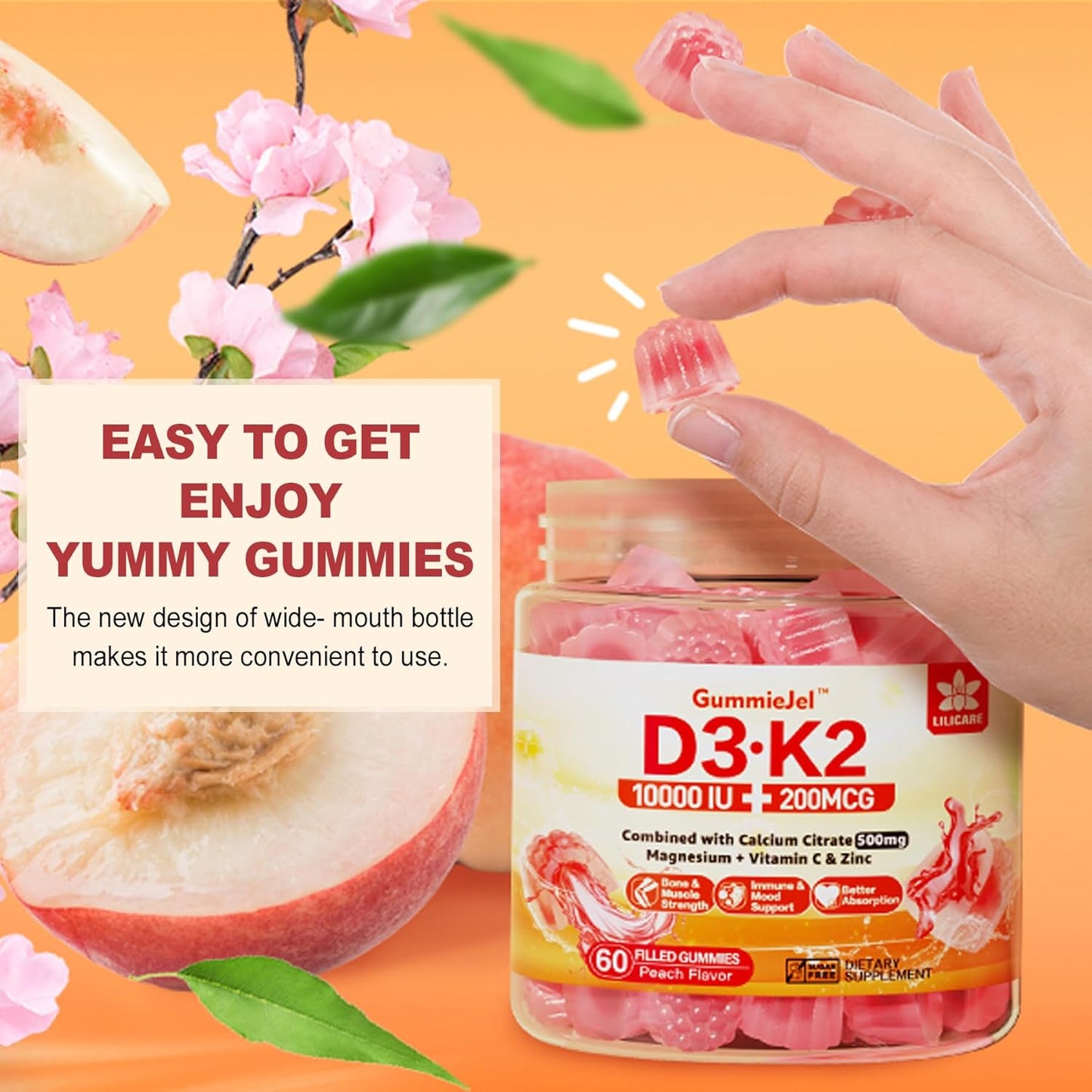 LILICARE Sugar-Free Vitamin D3 K2 Gummies with Calcium, Magnesium, and Vitamin C - Ultimate Bone, Muscle, and Teeth Support - 2 Pack