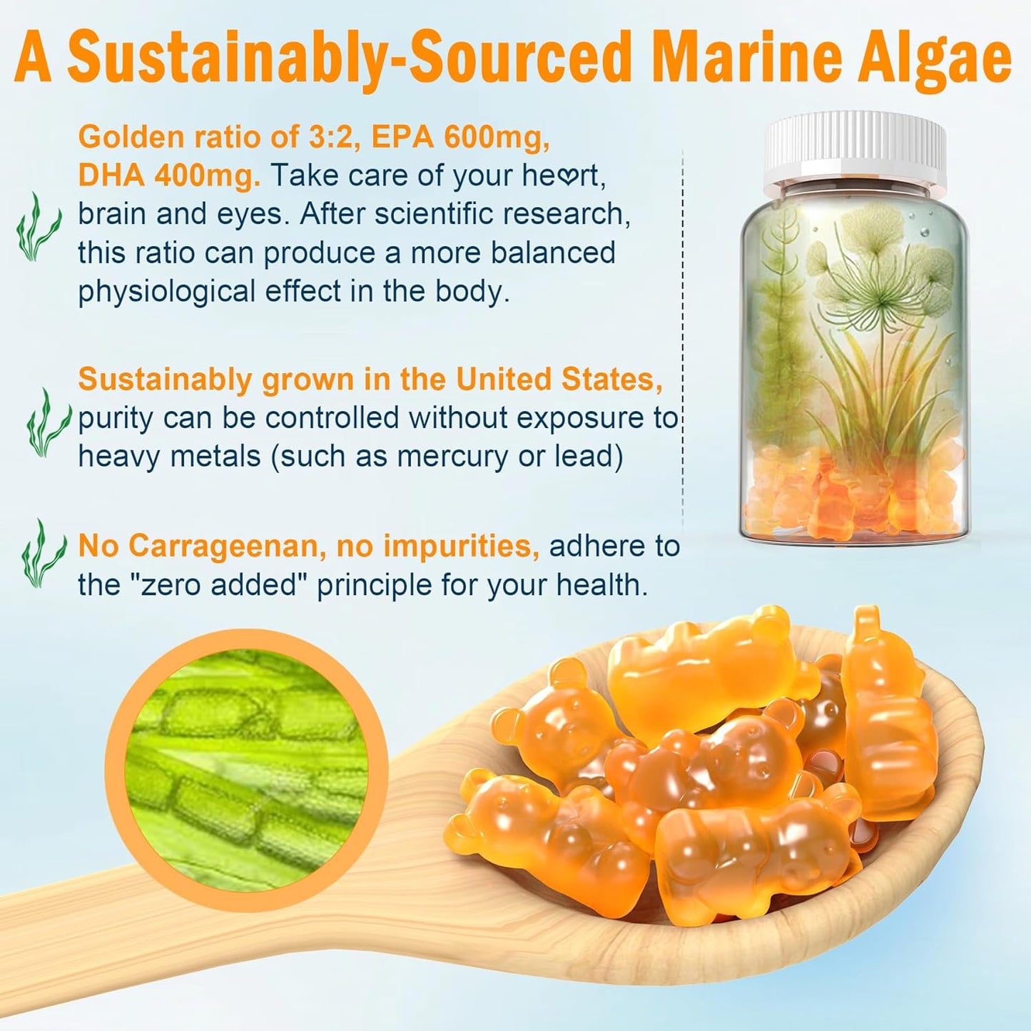 LILICARE Vegan Omega-3 Gummies 1280mg with Vitamin D3 & K2 - Sugar-Free Fish Oil Alternative from Marine Algae Oil - Brain, Eye, Immunity Support, 1 Pack