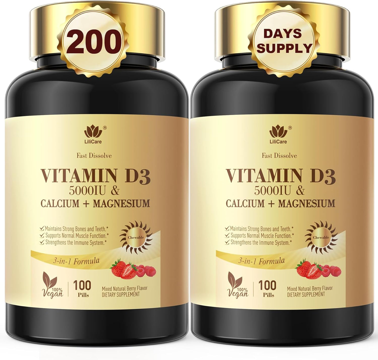 LILICARE Vitamin D3 5000IU Fast Dissolve Chewable Tablets with Calcium & Magnesium - Supports Bone, Muscle, Teeth, and Immune Health - Sugar Free Supplement - 200 Tablets