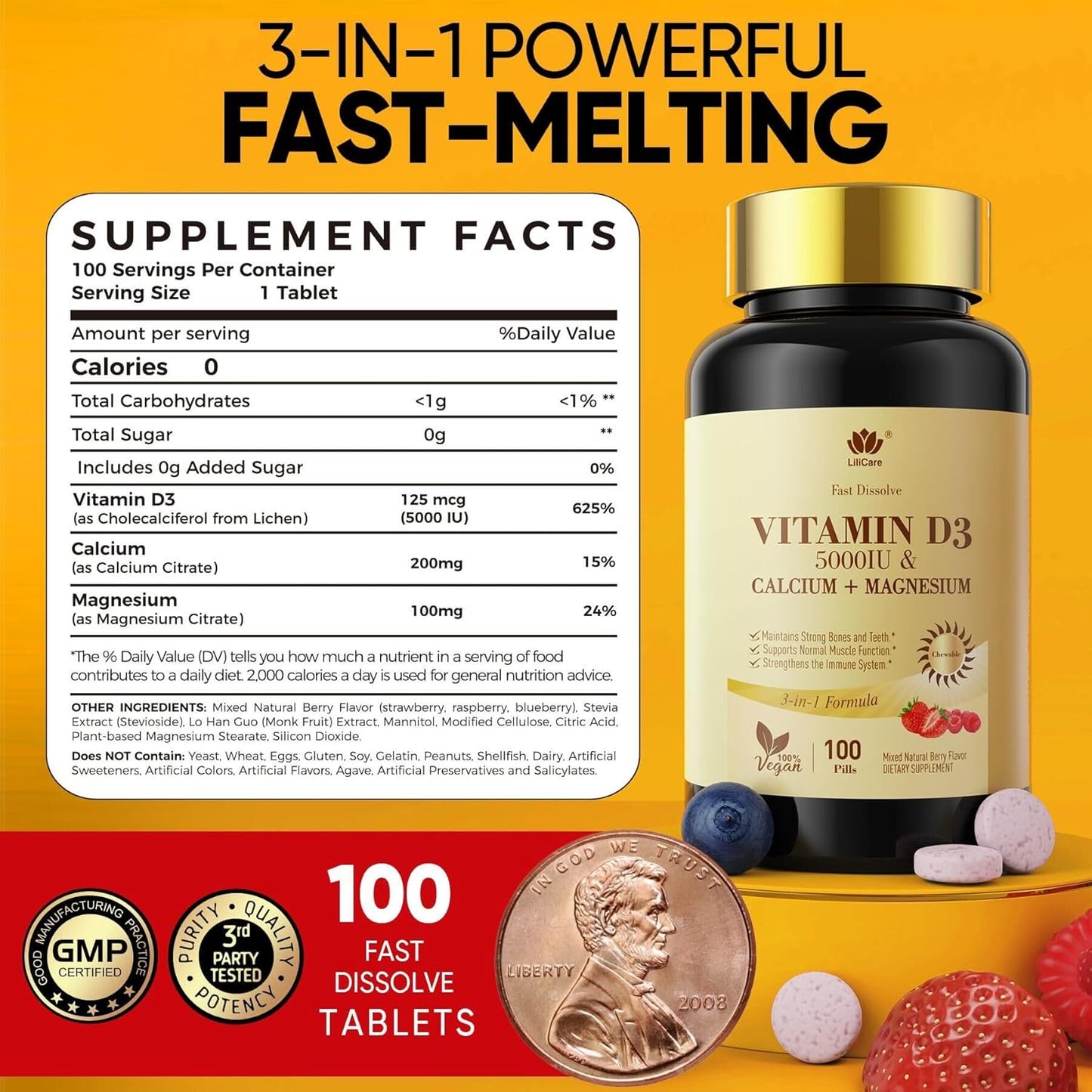 LILICARE Vitamin D3 5000IU Fast Dissolve Chewable Tablets with Calcium & Magnesium - Supports Bone, Muscle, Teeth, and Immune Health - Sugar Free Supplement - 200 Tablets