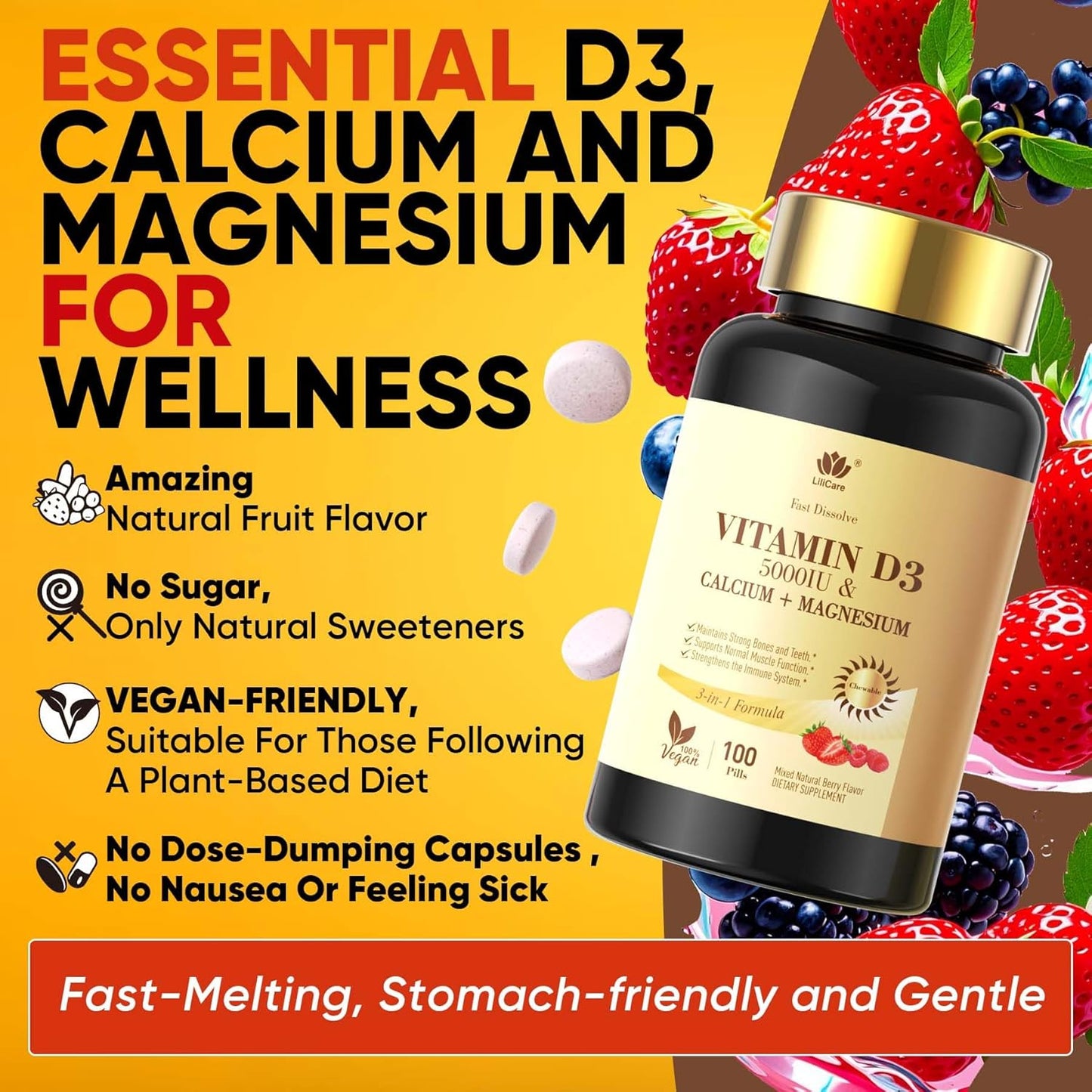 LILICARE Vitamin D3 5000IU Fast Dissolve Chewable Tablets with Calcium & Magnesium - Supports Bone, Muscle, Teeth, and Immune Health - Sugar Free Supplement - 200 Tablets