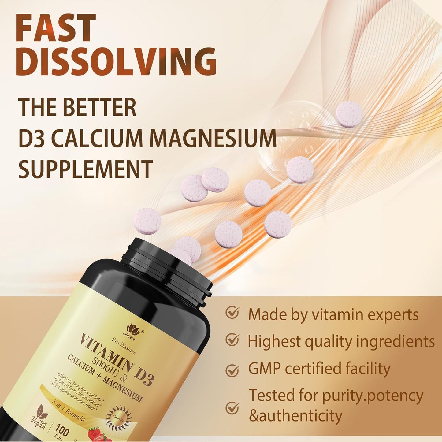 LILICARE Vitamin D3 5000IU Fast Dissolve Chewable Tablets with Calcium & Magnesium - Supports Bone, Muscle, Teeth, and Immune Health - Sugar Free Supplement - 200 Tablets