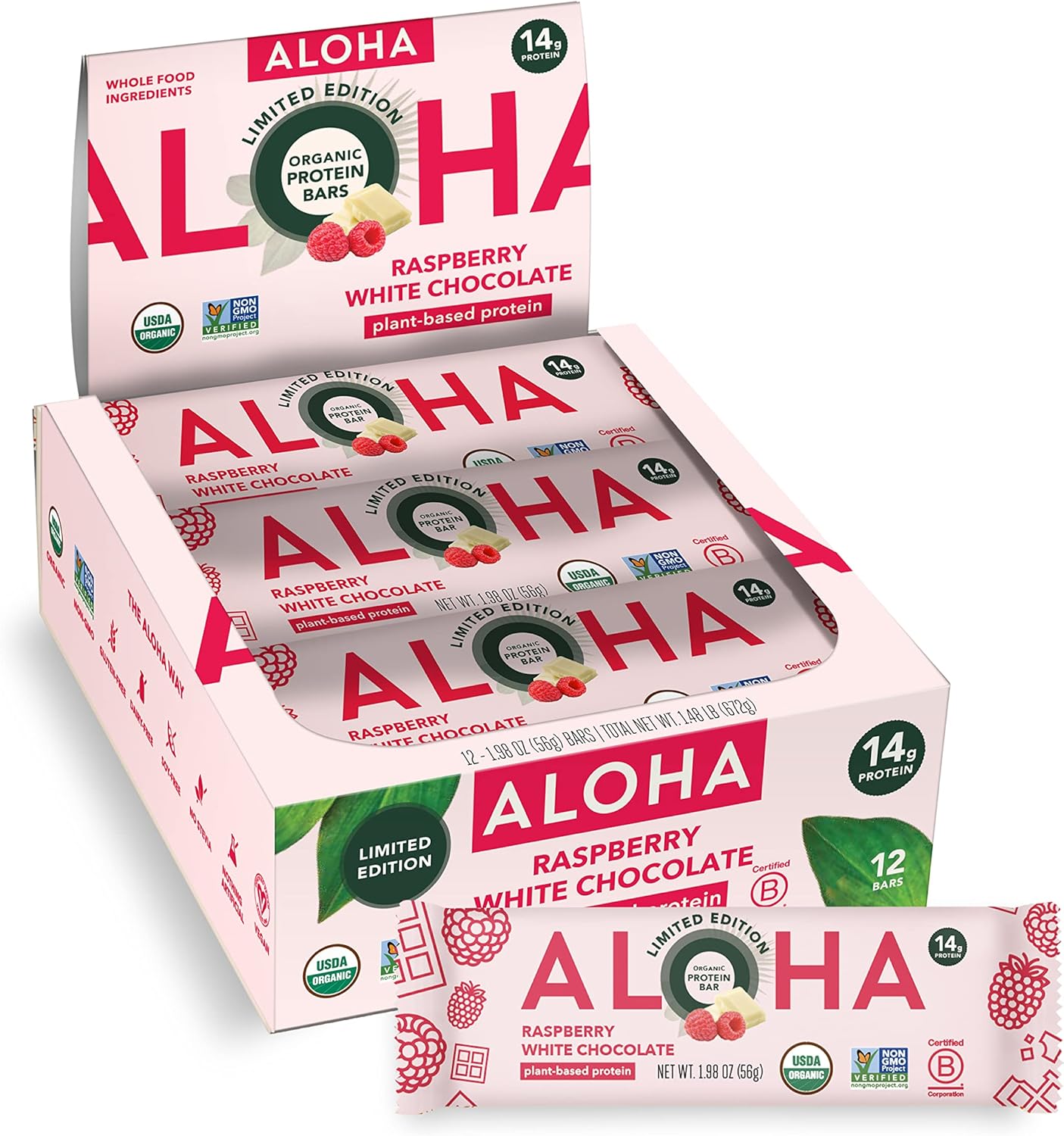 Limited Edition ALOHA Organic Plant Based Protein Bars - Raspberry White Chocolate - Vegan, Gluten Free, Low Carb - 12 Count, 1.98oz Bars