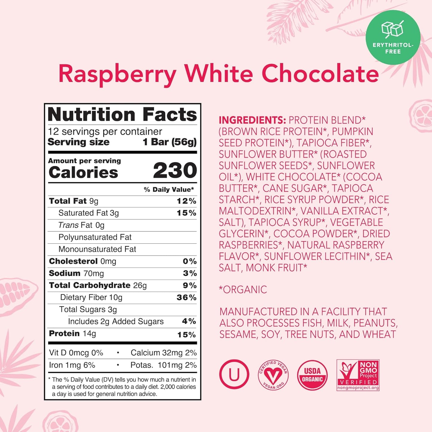 Limited Edition ALOHA Organic Plant Based Protein Bars - Raspberry White Chocolate - Vegan, Gluten Free, Low Carb - 12 Count, 1.98oz Bars