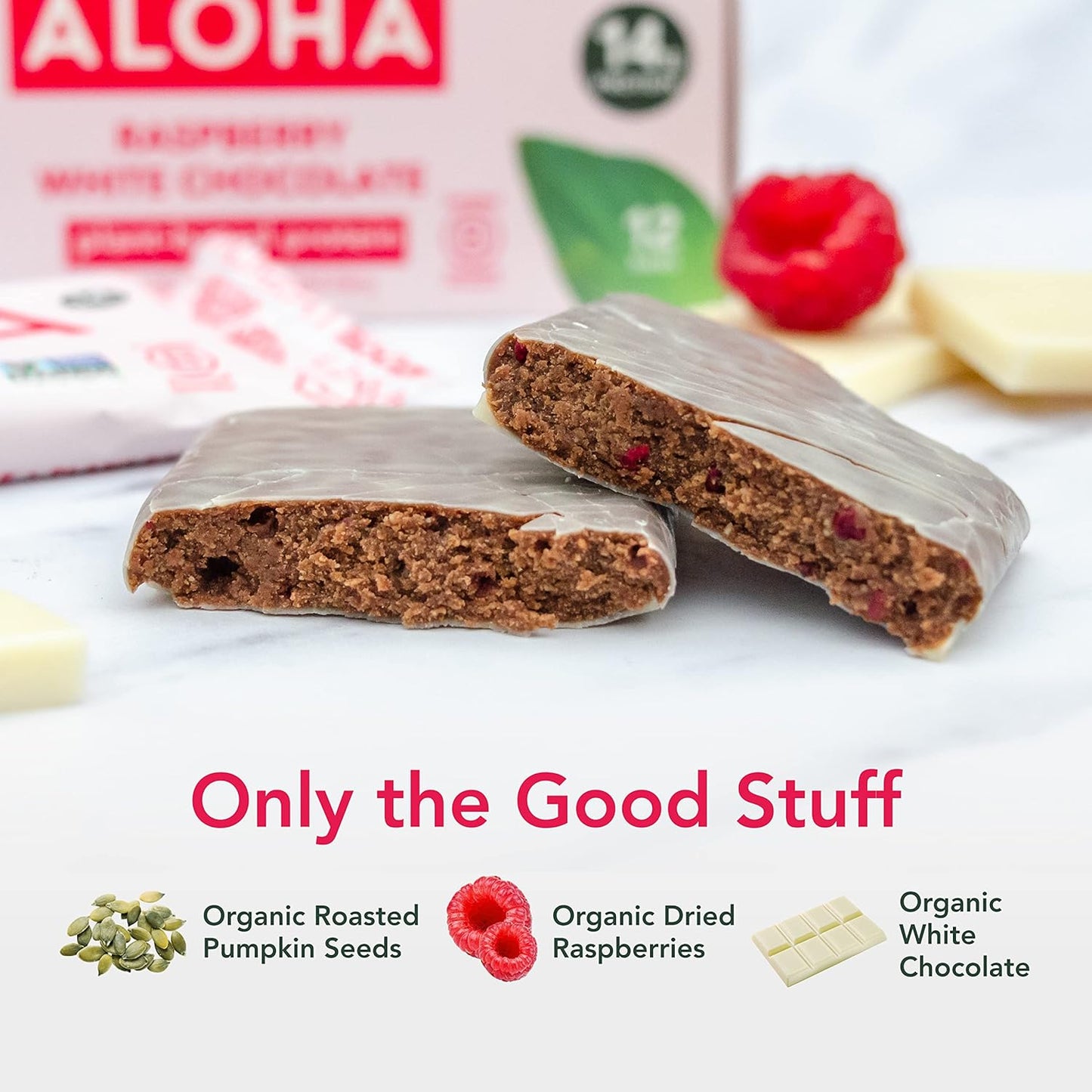 Limited Edition ALOHA Organic Plant Based Protein Bars - Raspberry White Chocolate - Vegan, Gluten Free, Low Carb - 12 Count, 1.98oz Bars