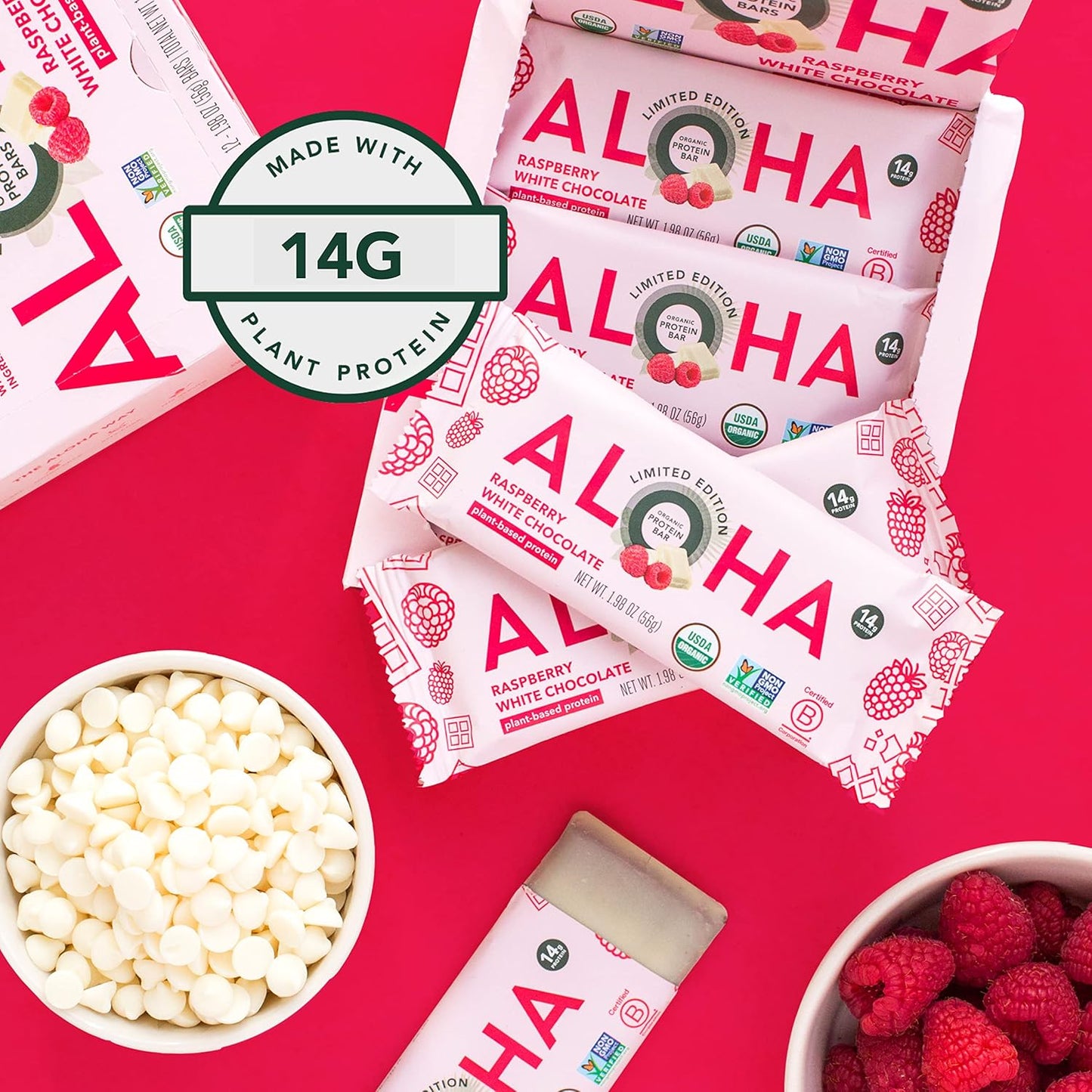 Limited Edition ALOHA Organic Plant Based Protein Bars - Raspberry White Chocolate - Vegan, Gluten Free, Low Carb - 12 Count, 1.98oz Bars