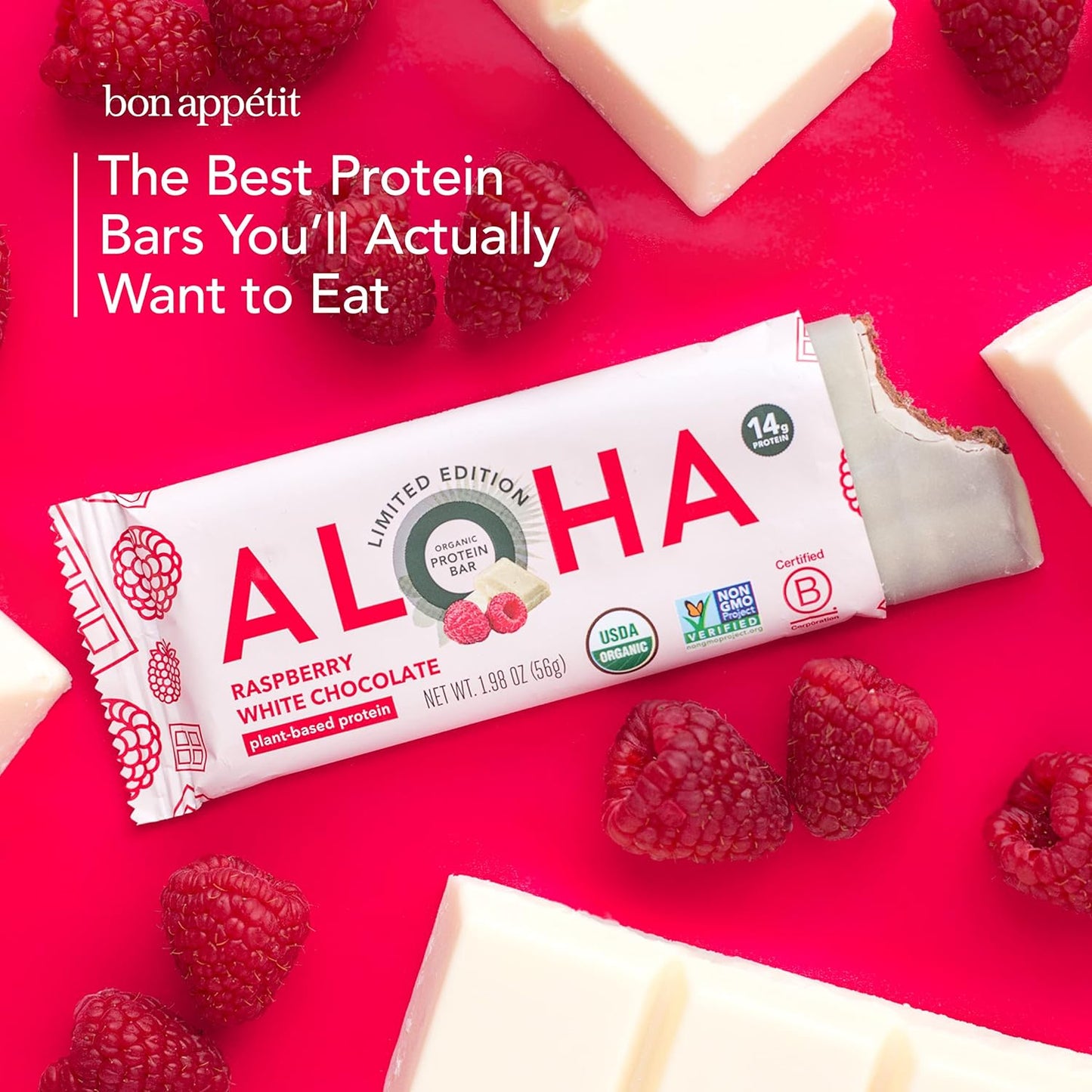 Limited Edition ALOHA Organic Plant Based Protein Bars - Raspberry White Chocolate - Vegan, Gluten Free, Low Carb - 12 Count, 1.98oz Bars