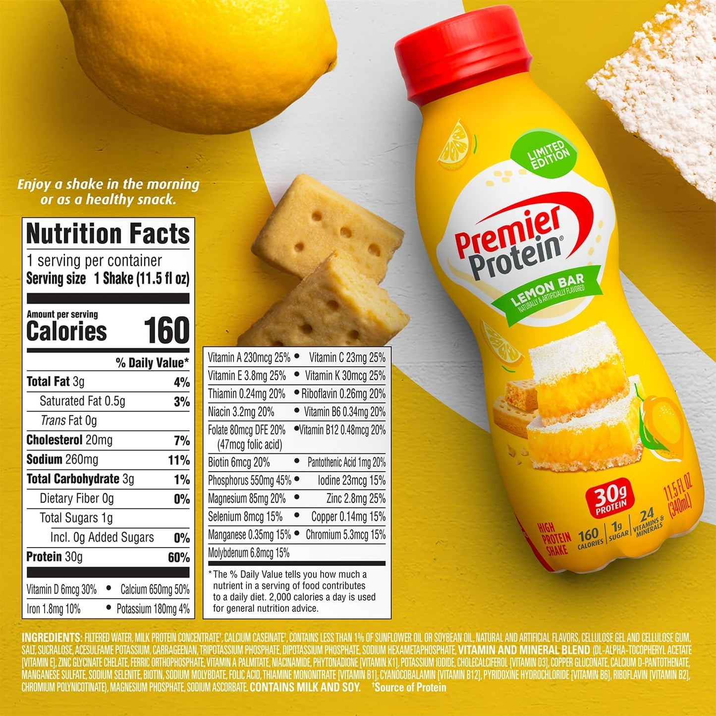 Limited Edition Premier Protein Shake: Lemon Bar Flavor, 30g Protein, 1g Sugar, 24 Vitamins & Minerals, 11.5 oz, Pack of 12