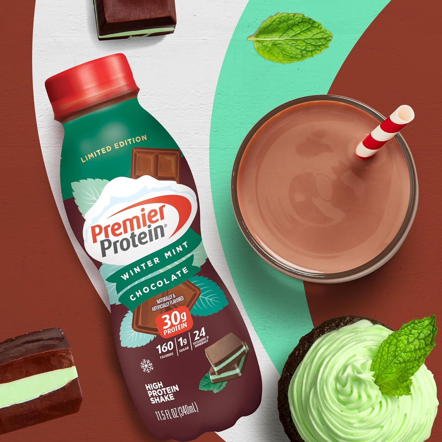 Limited Edition Winter Mint Chocolate Premier Protein Shake - 30g Protein, 1g Sugar, 24 Vitamins & Minerals, Immune Health Support - 11.5 oz, 12 Pack