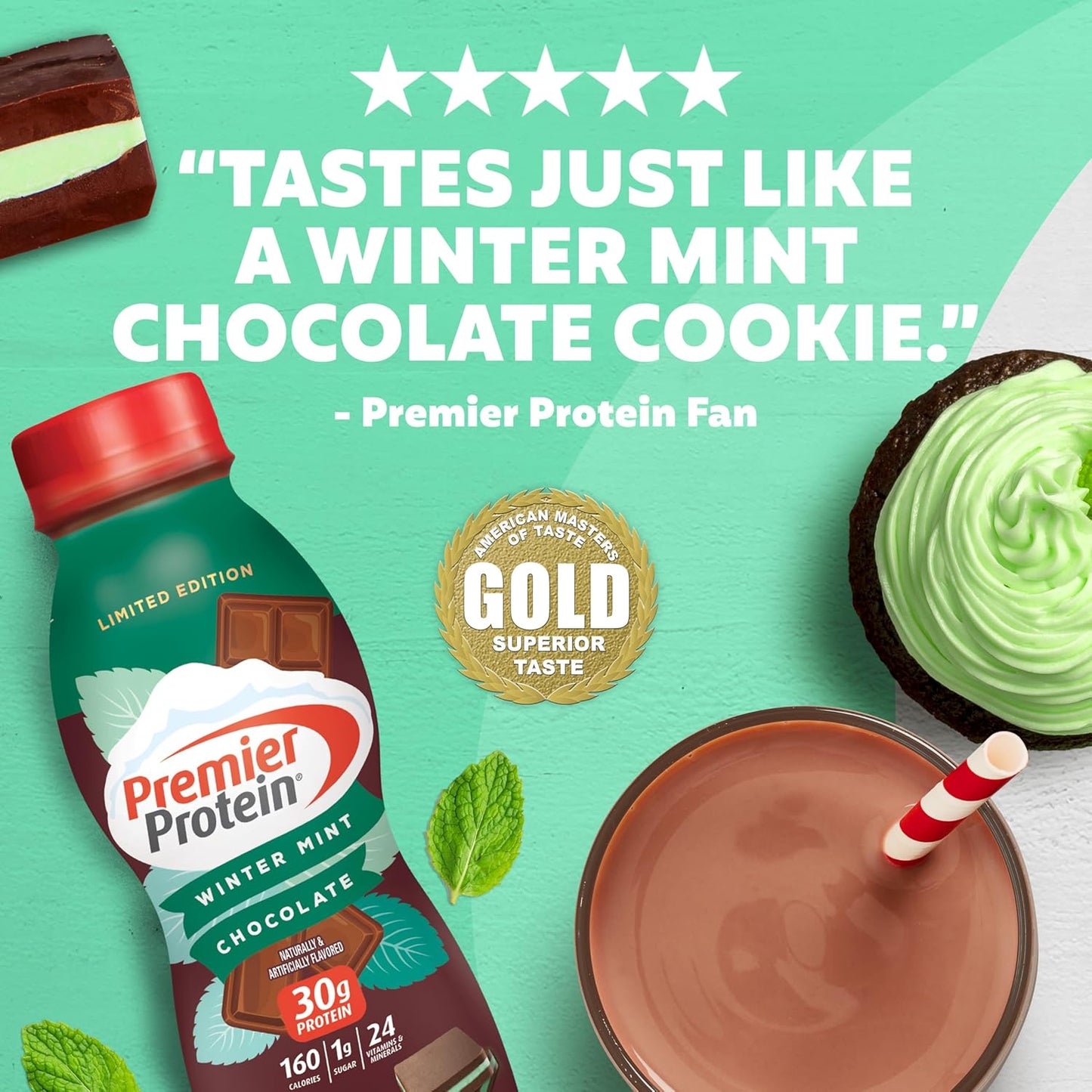 Limited Edition Winter Mint Chocolate Premier Protein Shake - 30g Protein, 1g Sugar, 24 Vitamins & Minerals, Immune Health Support - 11.5 oz, 12 Pack