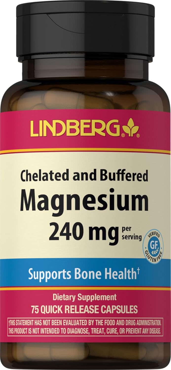 Lindberg Chelated Magnesium Supplement | 240mg | 60 Capsules | Bone Health Support | Non-GMO & Gluten-Free Formula