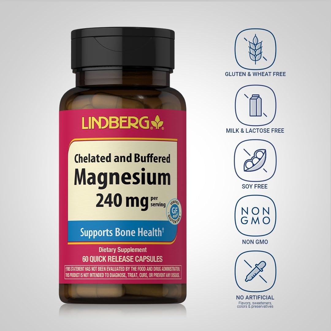 Lindberg Chelated Magnesium Supplement | 240mg | 60 Capsules | Bone Health Support | Non-GMO & Gluten-Free Formula