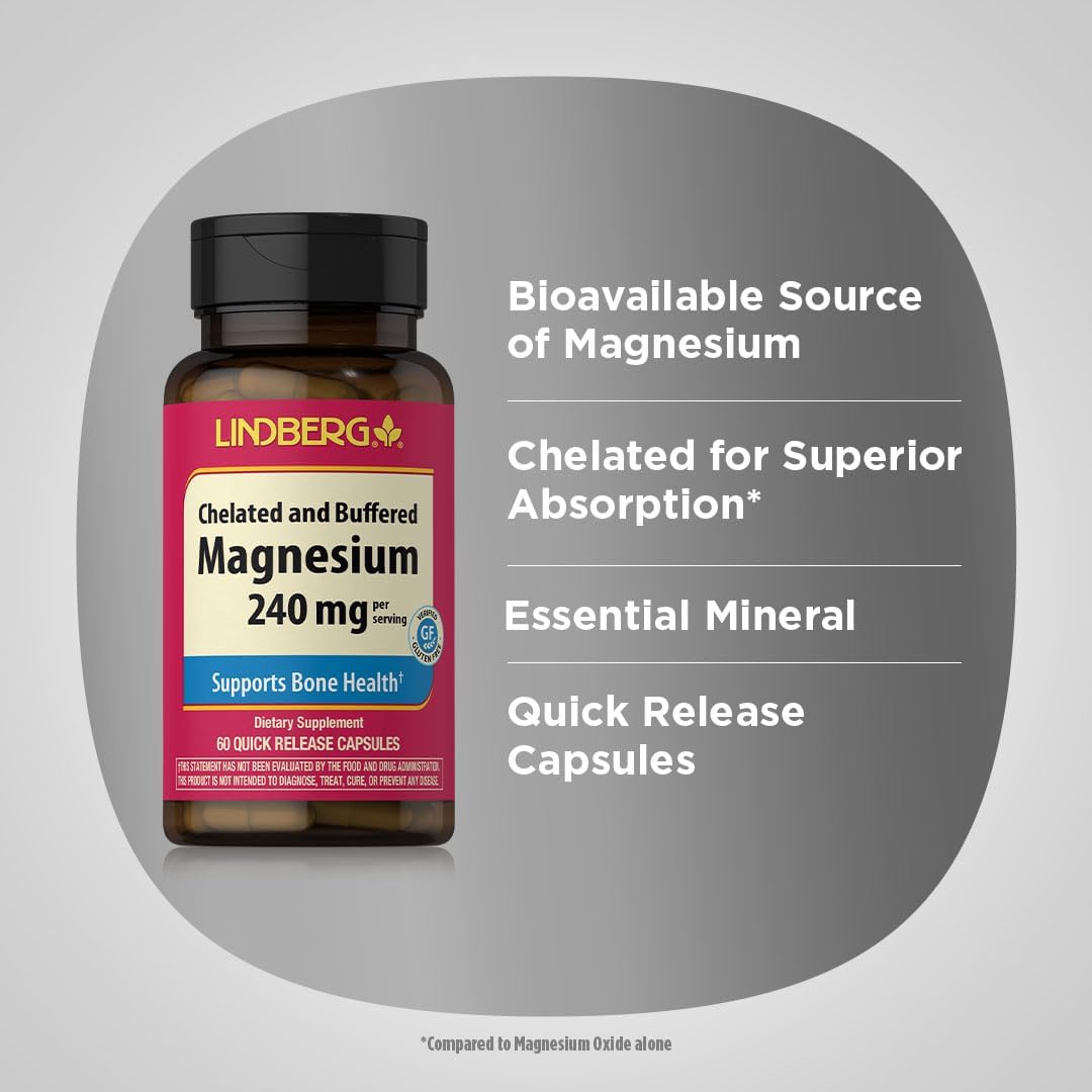 Lindberg Chelated Magnesium Supplement | 240mg | 60 Capsules | Bone Health Support | Non-GMO & Gluten-Free Formula