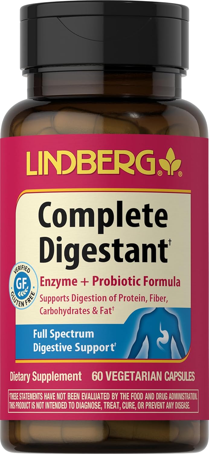 Lindberg Digestive Enzymes and Probiotics Supplement - 60 Capsules, Vegetarian, Non-GMO, Gluten Free Formula