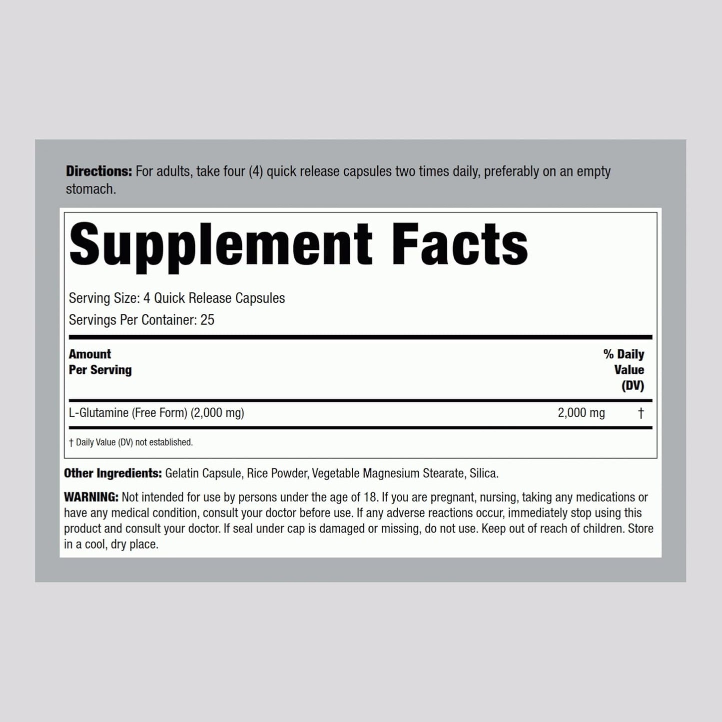 Lindberg L Glutamine Capsules 500mg 100 Count Non GMO Gluten Free Amino Acid Supplement