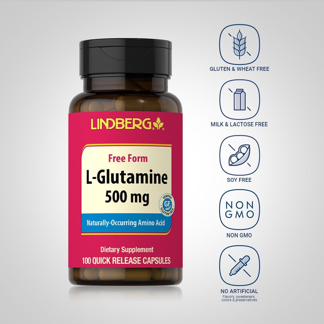 Lindberg L Glutamine Capsules 500mg 100 Count Non GMO Gluten Free Amino Acid Supplement