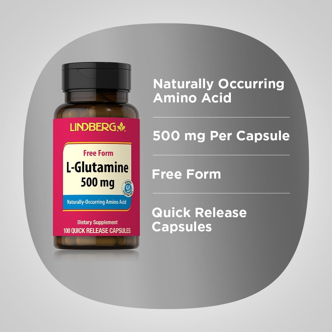 Lindberg L Glutamine Capsules 500mg 100 Count Non GMO Gluten Free Amino Acid Supplement