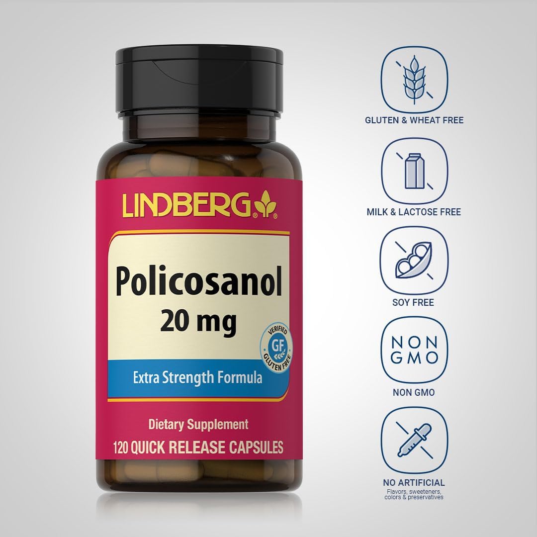 Lindberg Policosanol 20mg Capsules - Extra Strength Non GMO Gluten Free Supplement in 120 Count Bottle