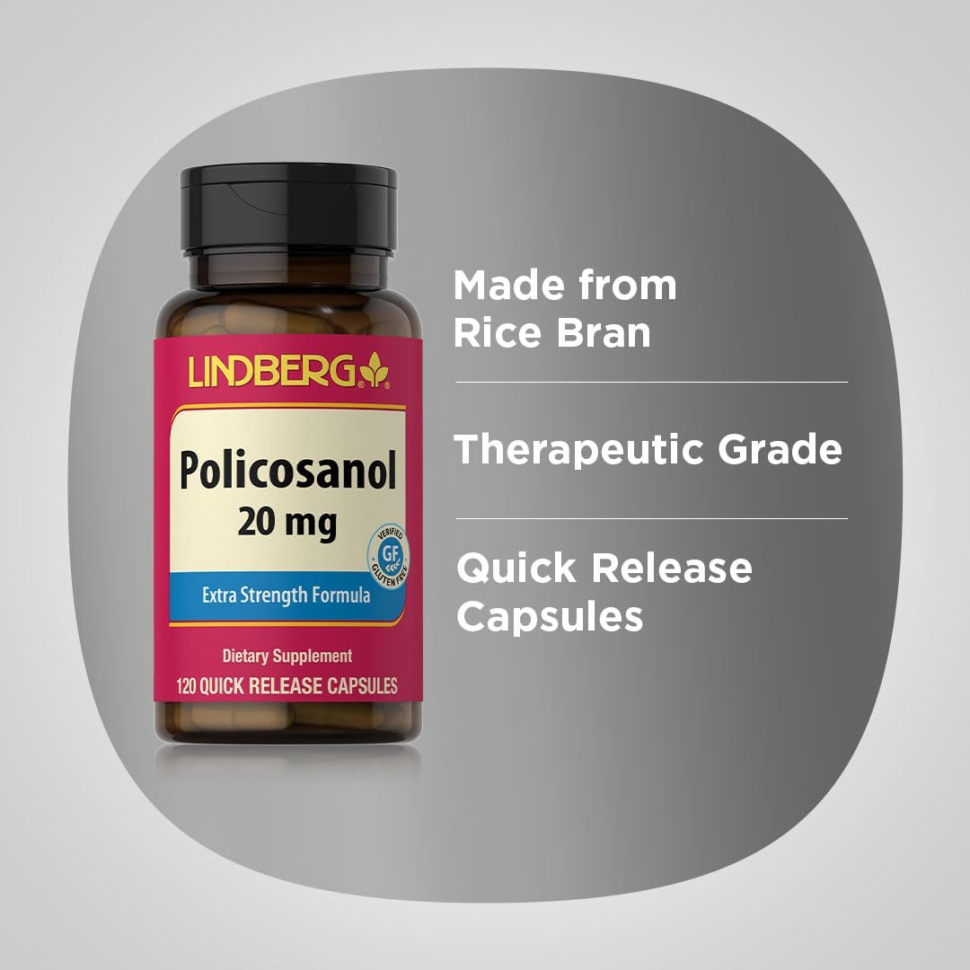 Lindberg Policosanol 20mg Capsules - Extra Strength Non GMO Gluten Free Supplement in 120 Count Bottle
