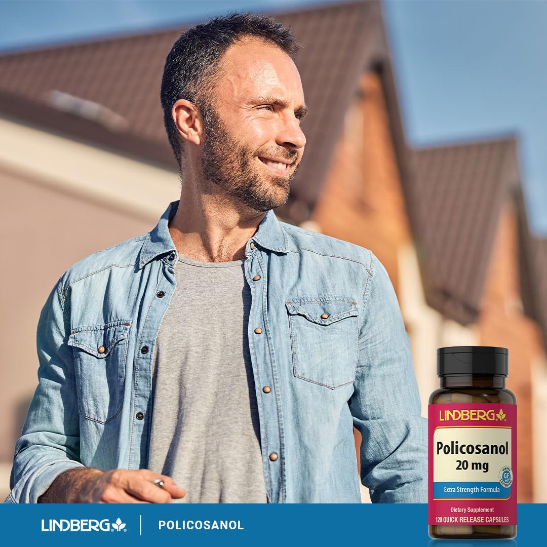 Lindberg Policosanol 20mg Capsules - Extra Strength Non GMO Gluten Free Supplement in 120 Count Bottle